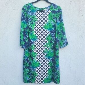 Boden blue green leaf pattern silk blend lined dress size 8L